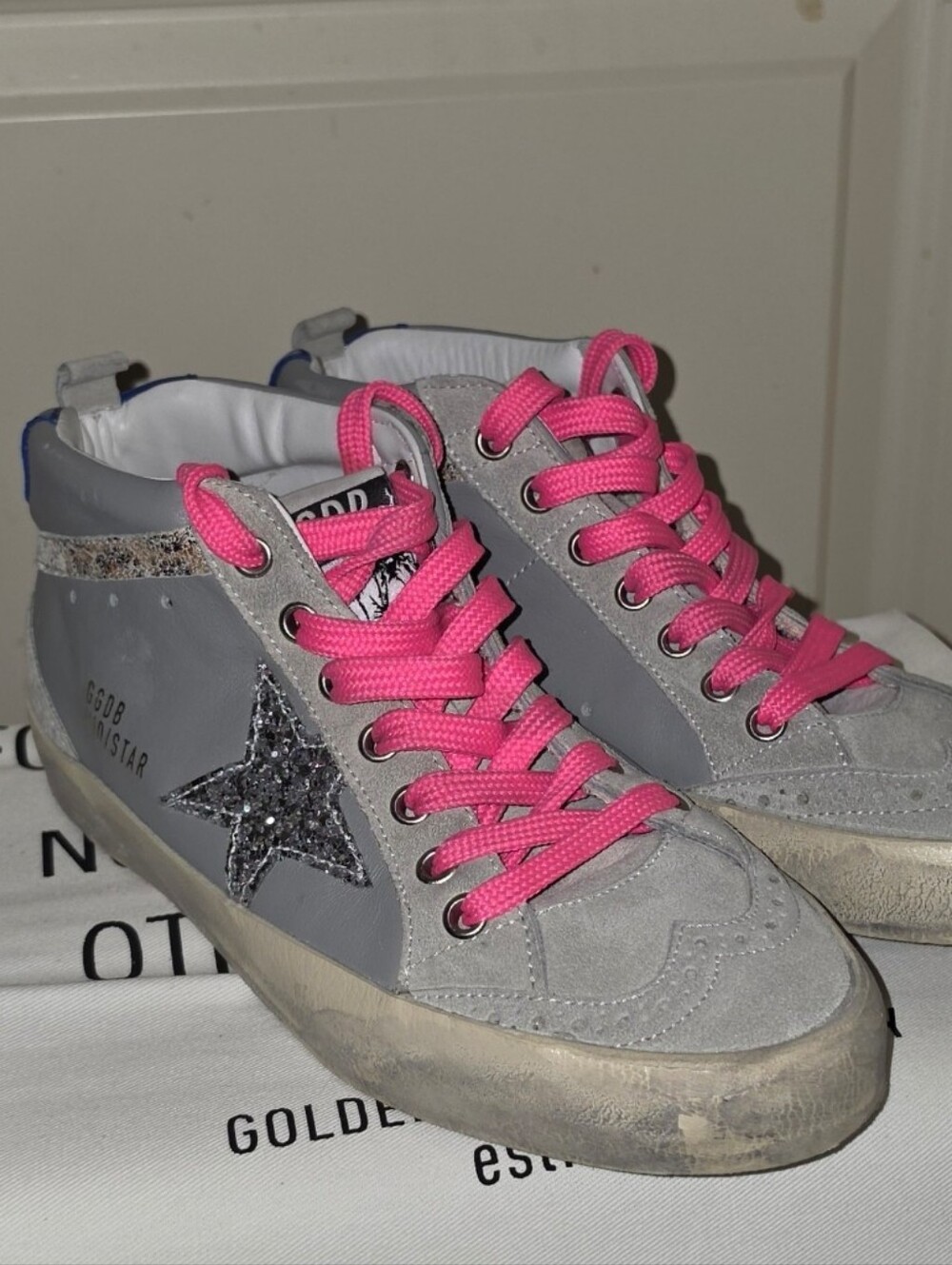 Golden Goose Gray High-Top Sneakers with Hot Pink Laces
